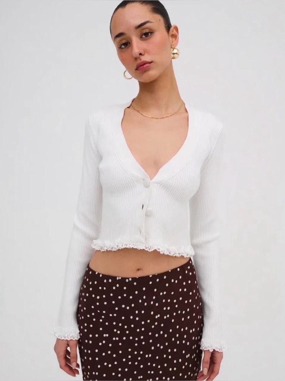 For Love And Lemons White Ribbed V-Neck Cropped Cardigan